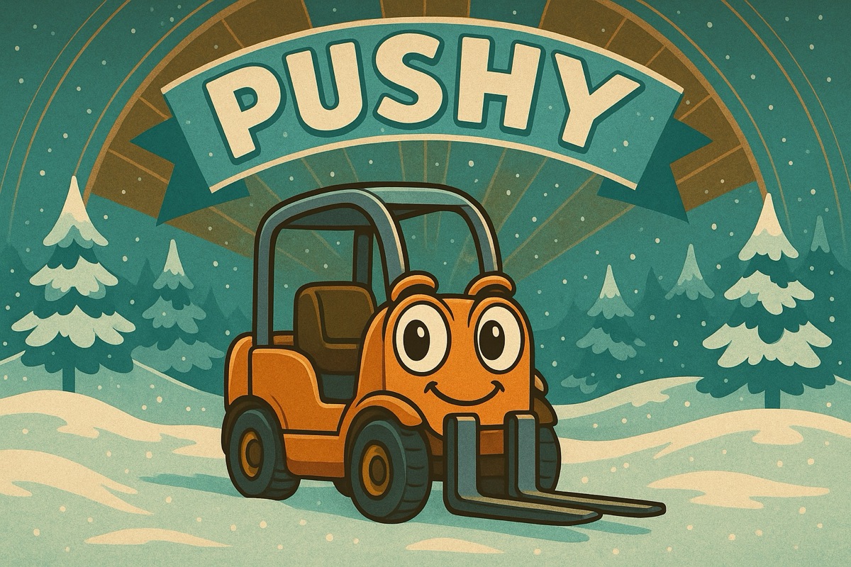Pushy, a smiling orange forklift, in a snowy forest under a 'PUSHY' banner